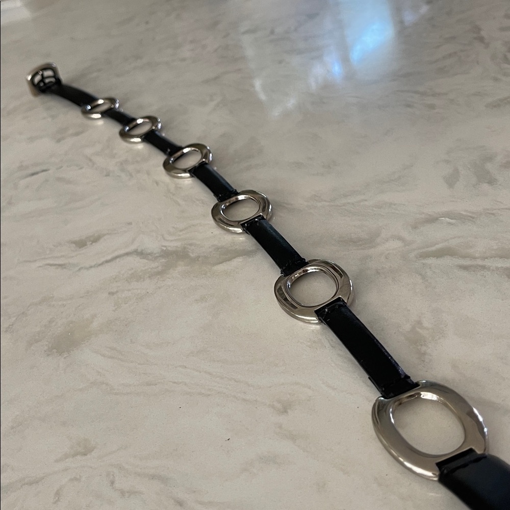 Amiee Lynn black leather belt silver tone oval links size M - Picture 8 of 17